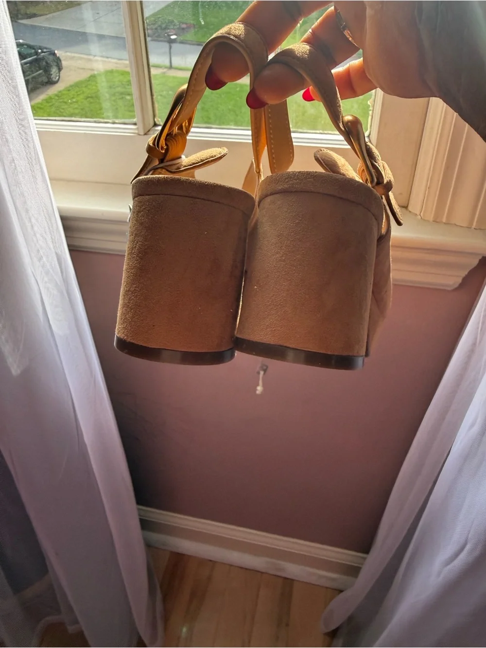 AEROSOLES Tan Suede Slingback Heels with Gold Buckle